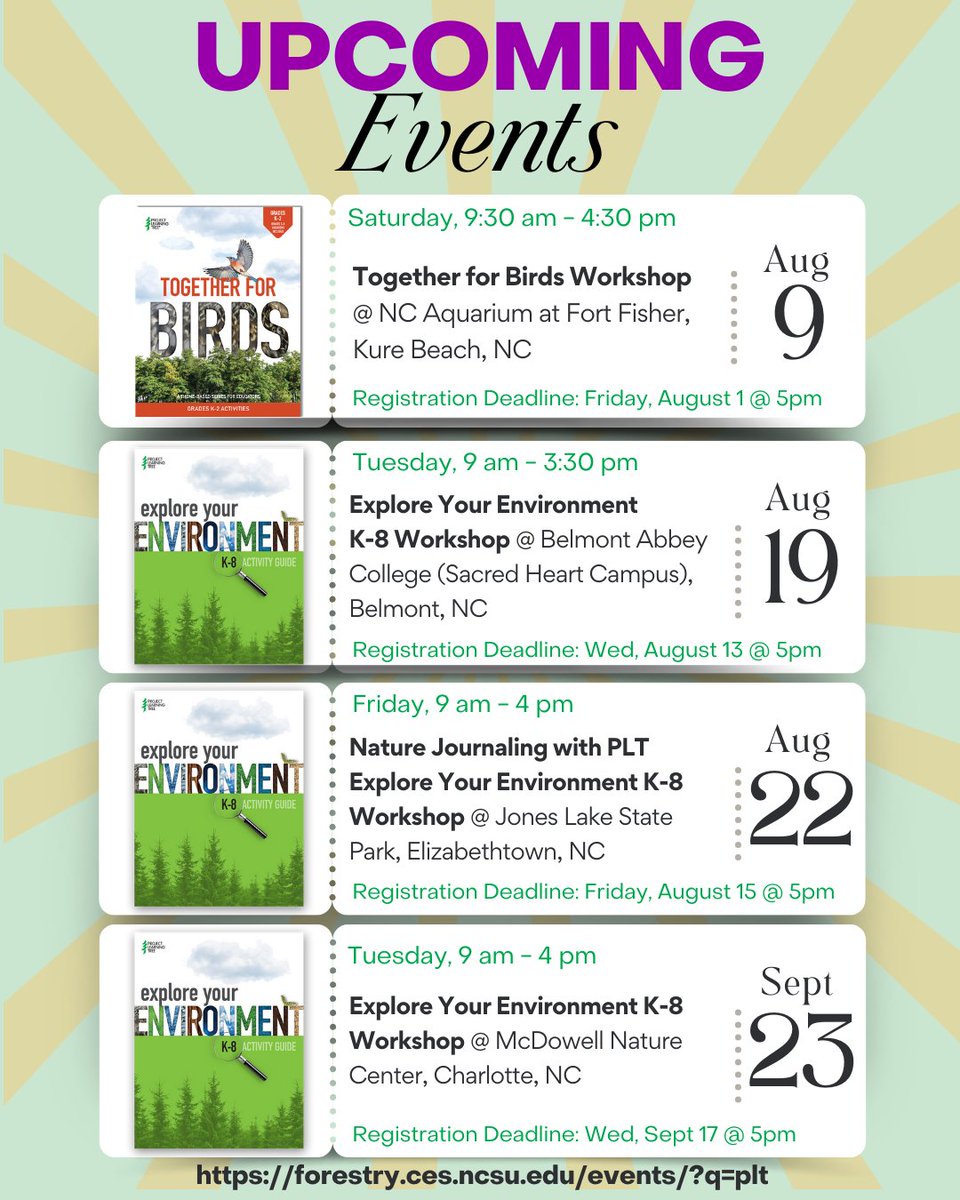 NC PLT (@pltinnc) on Twitter photo Start the school year with our upcoming Project Learning Tree Workshops!
We have 2 Explore Your Environment workshops, 1 Together for Birds activity bundle focus, & 1 nature journaling EYE workshop!
Become a trained PLT educator at a workshop near you!
forestry.ces.ncsu.edu/events/?q=plt Start the school year with our upcoming Project Learning Tree Workshops!
We have 2 Explore Your Environment workshops, 1 Together for Birds activity bundle focus, & 1 nature journaling EYE workshop!
Become a trained PLT educator at a workshop near you!
forestry.ces.ncsu.edu/events/?q=plt