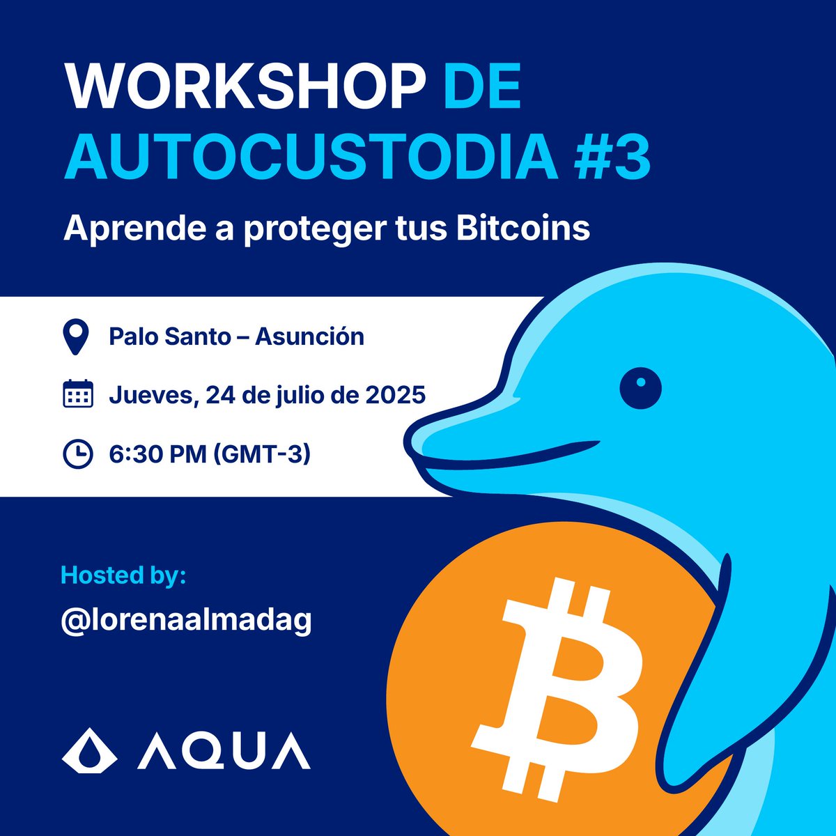 Paraguay, llegó tu turno. 🇵🇾 

El jueves 24 de julio haremos el 3er Taller de Autocustodia de AQUA, 100% en español. 🐬⚡️

📍Palo Santo Brewing Company - Asunción 
🎟️ Gratis y con cupos limitados
🔗 Link en los comentarios