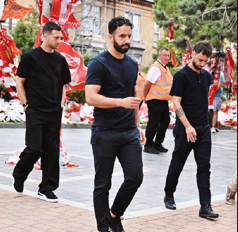 Dalot, Amorim and Bruno outside Anfield paying their respects to Jota. ❤️