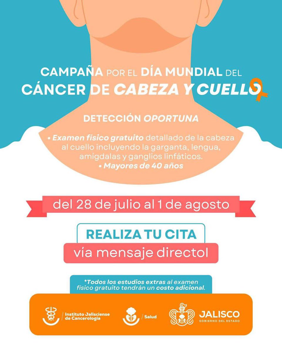 El Instituto Jalisciense de Cancerología llevará a cabo una campaña de detección gratuita de cáncer de cabeza y cuellodel 28 de julio al 1 de agosto.

📍 Lugar: Instituto Jalisciense de Cancerología 💰 Costo: Gratuito