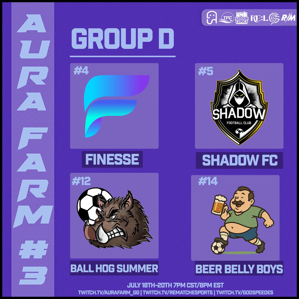 Aura Farm (@aurafarm_gg) on Twitter photo 🚨Coming right from <a href="/RematchEsports/">Rematch Esports</a> Main Event to straight to training on the Farm 😤
We would like to announce Group D for this weekends Aura Farm #3 invitational 💪🔥
July 18th-20th 7pm CST/8pm EST
⚫️⚪️🟣🌾
#TrainOnTheFarm 🚨Coming right from <a href="/RematchEsports/">Rematch Esports</a> Main Event to straight to training on the Farm 😤
We would like to announce Group D for this weekends Aura Farm #3 invitational 💪🔥
July 18th-20th 7pm CST/8pm EST
⚫️⚪️🟣🌾
#TrainOnTheFarm
