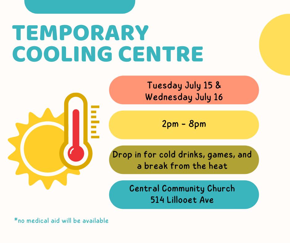 Central Community Church in Harrison Hot Springs is opening its doors as a temporary cooling centre on Tuesday and Wednesday (July 15 and 16).