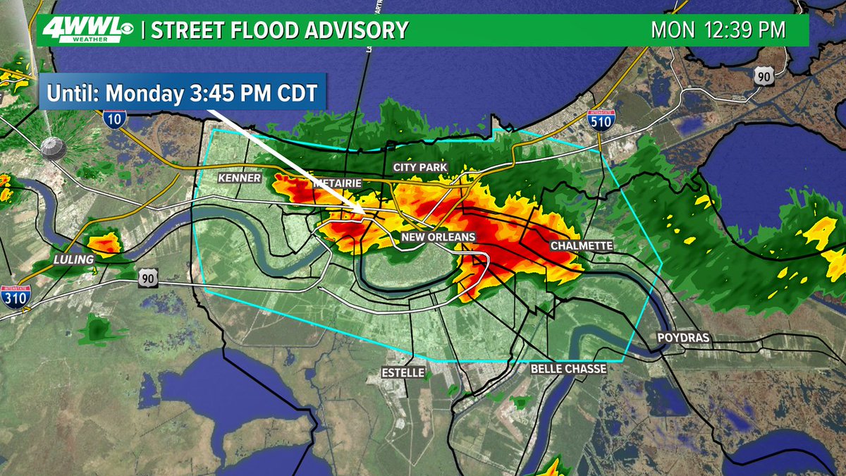 wwltvweather's tweet image. A Street Flood Advisory has been issued for parts of Orleans, Jefferson, St. Bernard, Plaquemines, St. Charles until 7/14 3:45PM. Street flooding is possible in these areas. Don't drive through flooded roads. #BeOn4