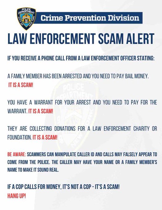 NYPD104Pct's tweet image. Get a call like this? JUST HANG UP! It’s a #SCAM!
No law enforcement officer from any law enforcement agency will call you demanding money for bail for a loved one that may have been arrested. It is a #Scam!