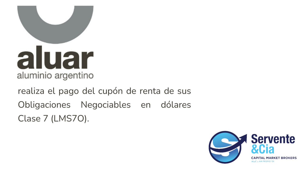 serventeycia's tweet image. #Inversores #Bolsa #Argentina #Aviso #Pago #Títulos #Privados #Empresas #Obligaciones #Negociables #Aluar $ALUA #Deuda #Privada #Cupones #Renta #Intereses #Dólar #Divisas #Tasas #BYMA #Servente #Finanzas #Inversiones #Mercados