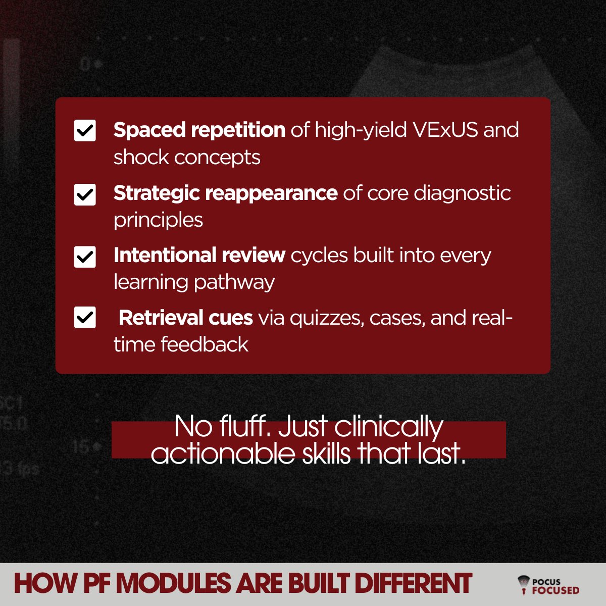 Most courses overload. We reinforce.
📉 Day 1: Forget 50%
🔁 Day 4: Strategic review = 80% retention
🧠 Month 1: Durable diagnostic skills
PF uses spaced repetition—VExUS concepts revisited at optimal intervals.
Built by experts. Backed by science.
#POCUSThatSticks #VExUS #MedEd