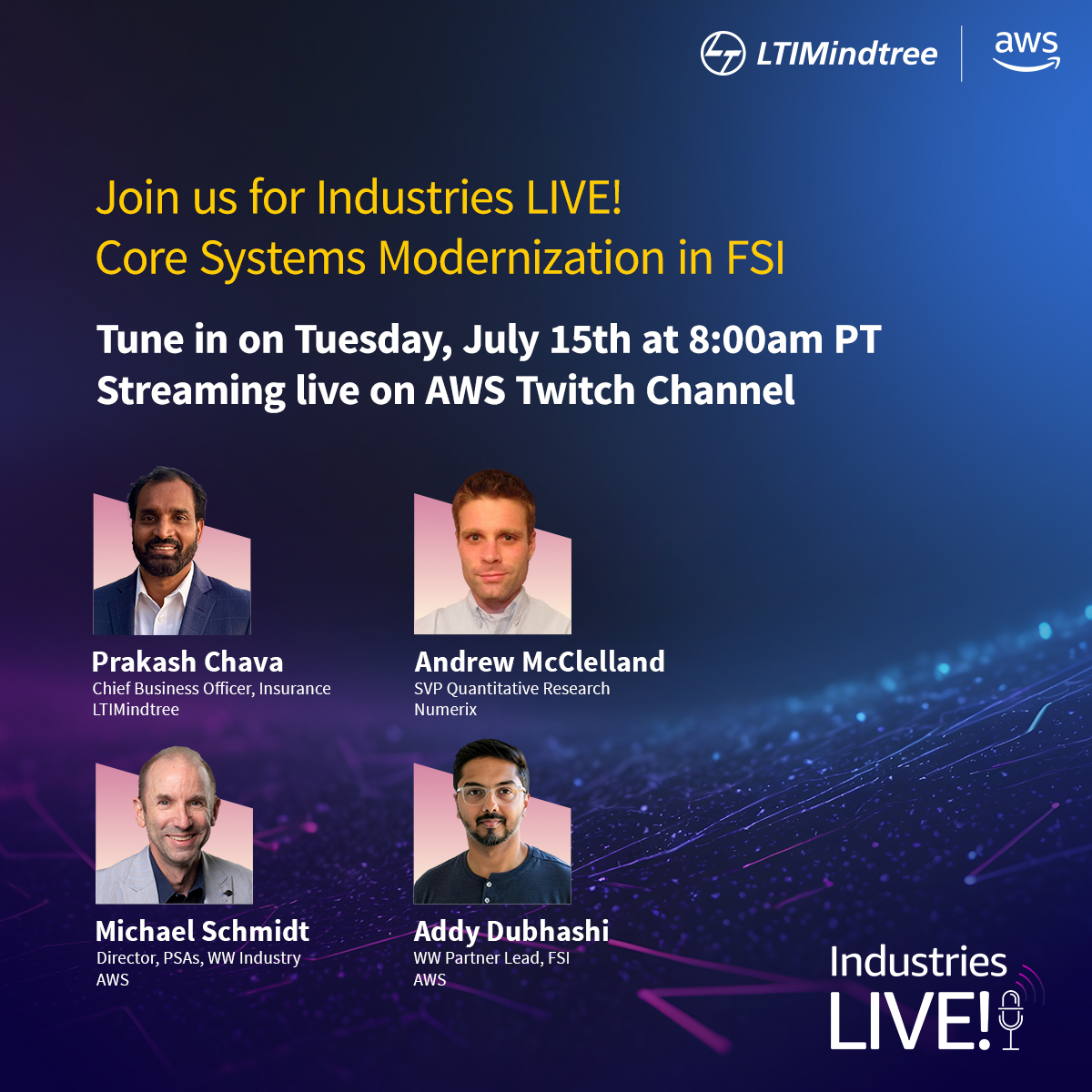LTIMindtree (@ltimindtreeofcl) on Twitter photo #AWS Industries Live - Core Systems Modernization in FSI.
Join us for a special episode of <a href="/awscloud/">Amazon Web Services</a> (AWS) Industries LIVE! We are excited to have Prakash Chava, Chief Business Officer - Insurance at LTIMindtree, join a powerhouse panel of industry leaders to discuss how #AWS Industries Live - Core Systems Modernization in FSI.
Join us for a special episode of <a href="/awscloud/">Amazon Web Services</a> (AWS) Industries LIVE! We are excited to have Prakash Chava, Chief Business Officer - Insurance at LTIMindtree, join a powerhouse panel of industry leaders to discuss how