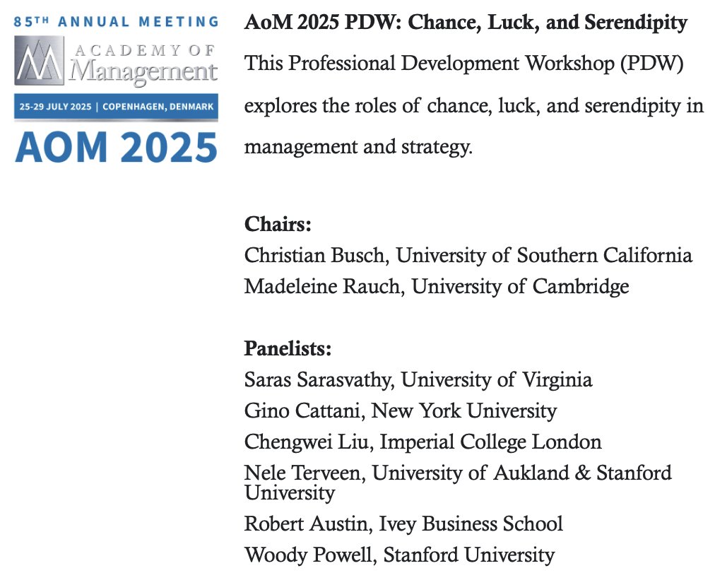 Christian Busch (@chrisserendip) on Twitter photo Do you have a paper idea on chance, luck, or serendipity in management?
We’re excited to invite submissions for our session at the <a href="/AOMConnect/">Academy of Management</a> 2025 Annual Meeting; deadline is tomorrow (July 15)!
- When & where? Saturday, July 26, 14:00–16:00, Bella Center: Auditorium 10
The Do you have a paper idea on chance, luck, or serendipity in management?
We’re excited to invite submissions for our session at the <a href="/AOMConnect/">Academy of Management</a> 2025 Annual Meeting; deadline is tomorrow (July 15)!
- When & where? Saturday, July 26, 14:00–16:00, Bella Center: Auditorium 10
The