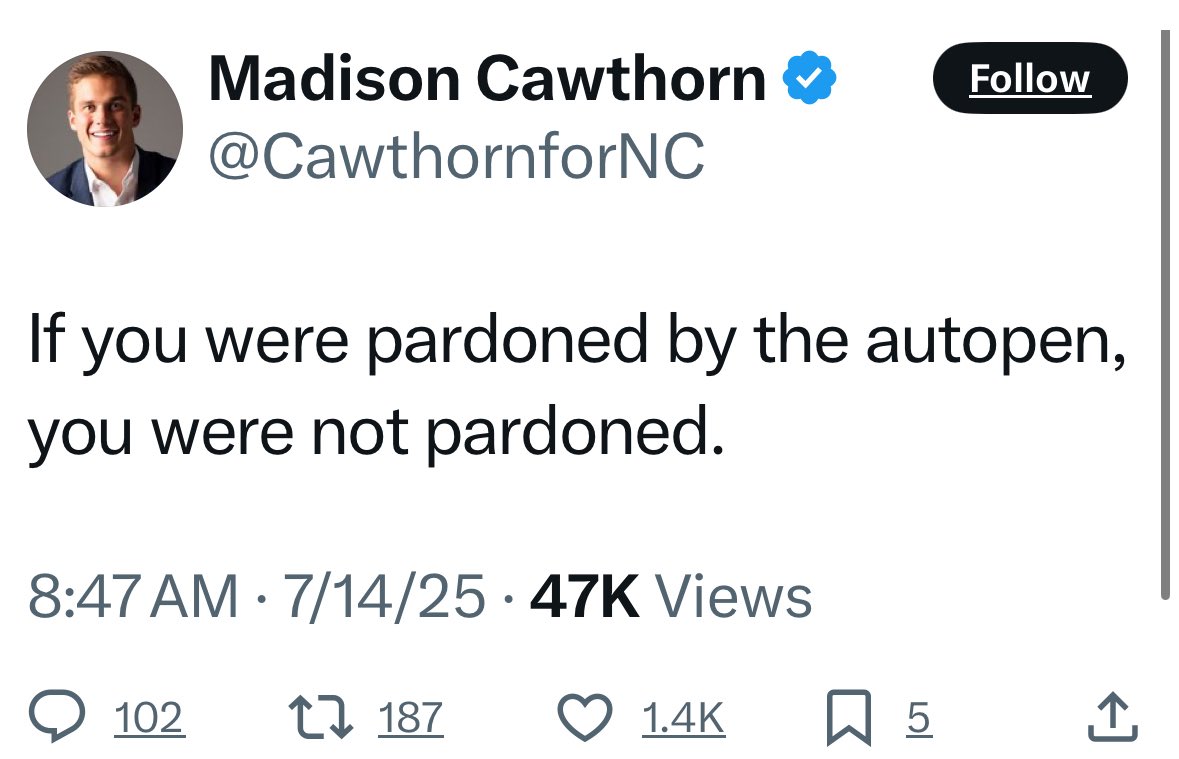 Extraordinarily bad news for every last person, pardoned by Trump, for their actions on January 6. 

Each of those pardons were signed by autopen.