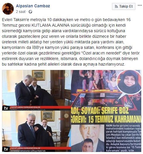AKP tarafından 15 Temmuz'un kahramanı ilan edilen Şerife Boz. AKP'den milletvekili adayı olunca, 15 Temmuz şehit yakınları ve gaziler tepki gösterdi. Ve kamyonlu simge olan fotoğrafında 16 Temmuz'da çekildiği ortaya çıkmıştı...