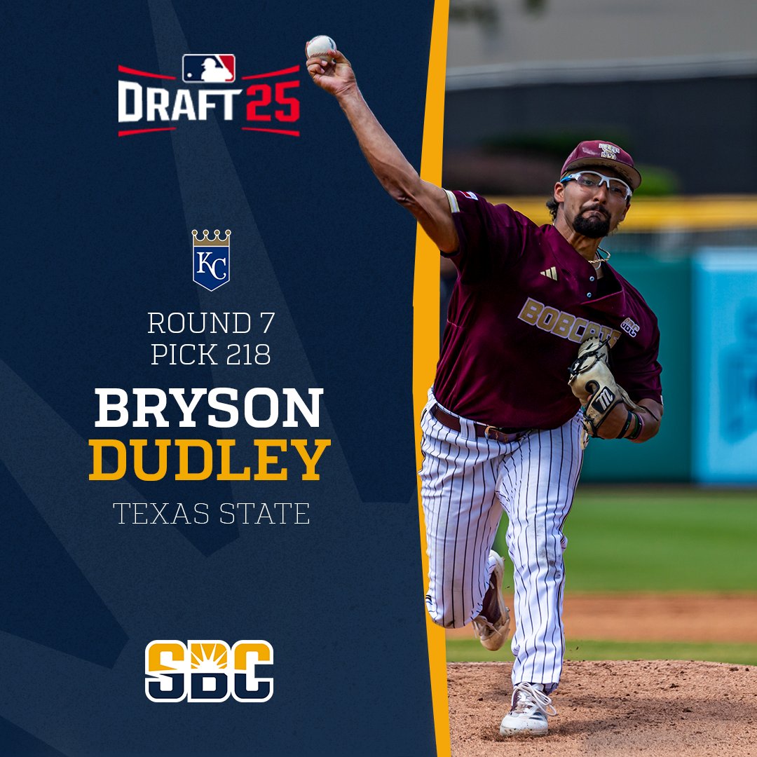 Sun Belt (@sunbelt) on Twitter photo 𝗕𝗥𝗬𝗦𝗢𝗡 𝗗𝗨𝗗𝗟𝗘𝗬.
With the 218th pick in the 2025 <a href="/MLB/">MLB</a> Draft, the <a href="/Royals/">Kansas City Royals</a> select <a href="/bryson_dudley38/">Bryson</a> of <a href="/TxStateBaseball/">Texas State Baseball</a>. Dudley was a #SunBeltBSB All-Tournament Team honoree in 2025. ☀️⚾️ 𝗕𝗥𝗬𝗦𝗢𝗡 𝗗𝗨𝗗𝗟𝗘𝗬.
With the 218th pick in the 2025 <a href="/MLB/">MLB</a> Draft, the <a href="/Royals/">Kansas City Royals</a> select <a href="/bryson_dudley38/">Bryson</a> of <a href="/TxStateBaseball/">Texas State Baseball</a>. Dudley was a #SunBeltBSB All-Tournament Team honoree in 2025. ☀️⚾️