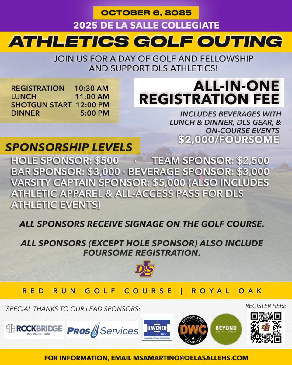 DLSPilots's tweet image. Save the date! The 2025 De La Salle Athletics Golf Outing will be held Oct. 6 at Red Run.
Consider signing up to golf or as a sponsor (or both!). Scan the QR code or click on tinyurl.com/25DLSAthletics…
#PilotPride