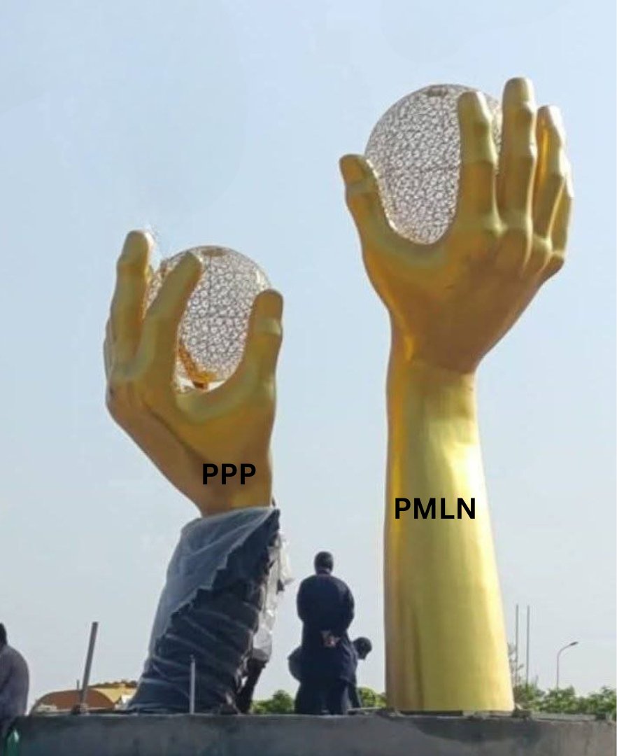 pakistanwalli's tweet photo. To honor PMLN and PPP’s loyalty since the 2022 regime change, the Asim Munir-led Pakistani military junta has unveiled this statue in Islamabad, two golden hands (PMLN &amp; PPP) delicately clutching military testicles, a bold tribute to their commitment to the boots. https://t.co/QPKecy1NwN