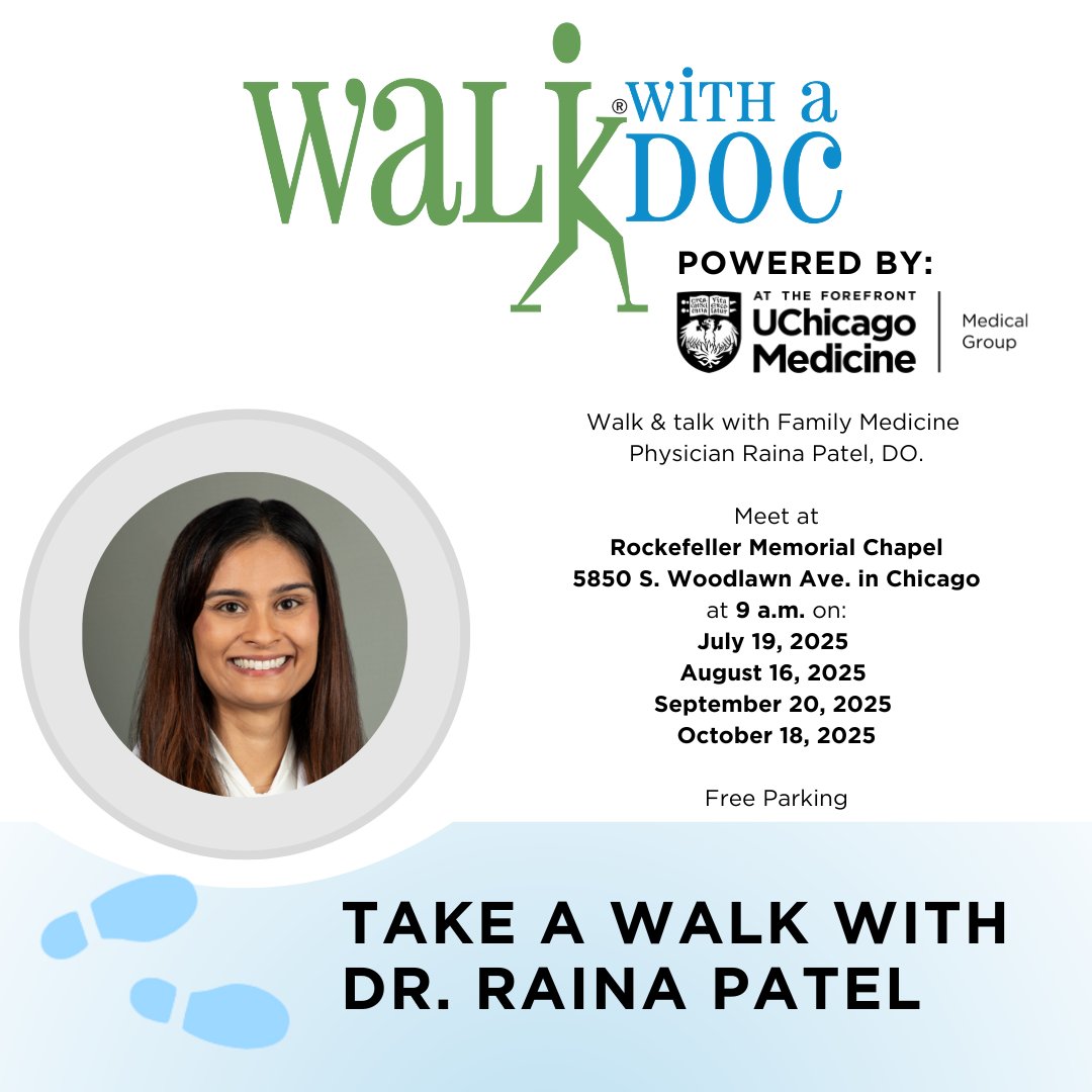 UChicagoMed's tweet image. Let’s get moving! Join Dr. Raina Patel for our next @walkwithadoc gathering on Saturday, July 19, at 9 a.m. at Rockefeller Memorial Chapel for a brief health talk and a walk through Hyde Park. It is free and open to all.