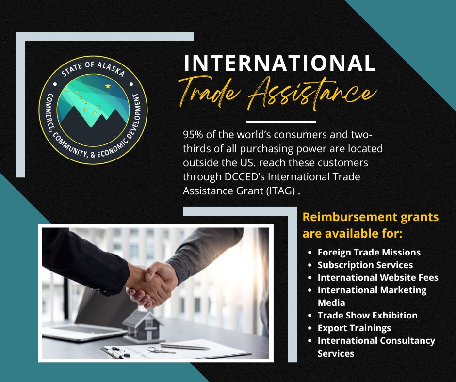 AlaskaDcced's tweet photo. The ITAG program deadline has been extended! Grant funding is available for summer and fall export activities. Grants can be used for eligible export events, including travel, completed before September 29, 2025. Interested businesses should apply as soon as possible. https://t.co/XiEAKhILF0