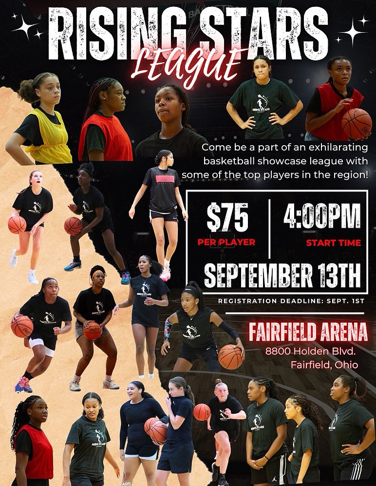 🏀 Rising Stars League
💥 Showcase your game w/ the region’s best!

📍 Fairfield Arena – 8800 Holden Blvd
📅 Starts: Sept 13 | ⏰ 4PM
💸 $75/player | Deadline: Sept 1

form.jotform.com/FairfieldGirls…

Lock in NOW! 🔥
#RisingStarsLeague #GirlsHoops #GrindTime #OhioBasketball