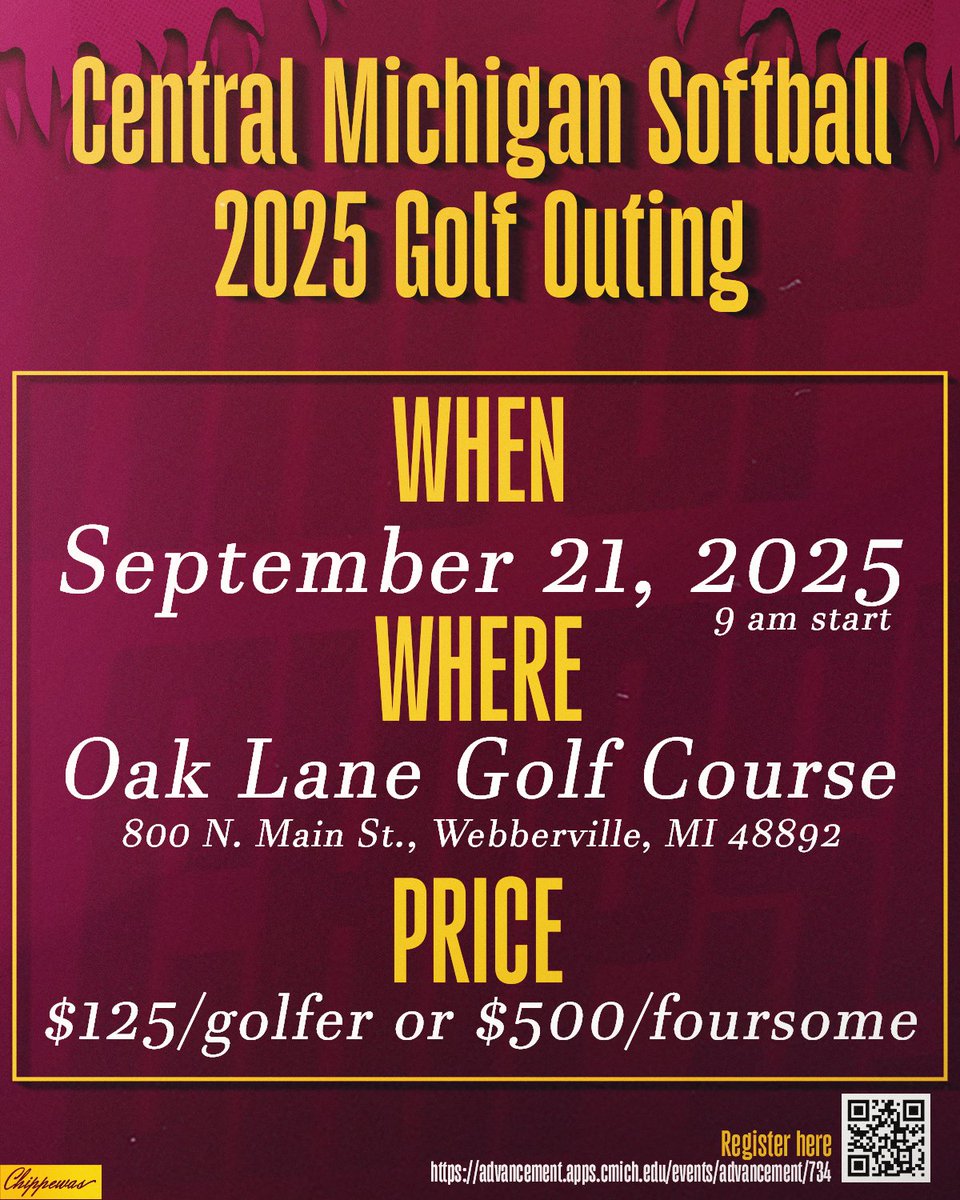 CMUSoftball's tweet image. No better time for golf than the fall 🍁
Come join us this September in our annual golf outing at Oak Lane Golf Course!
Register here: shorturl.at/Z5maQ
#FireUpChips🔥⬆️🥎
