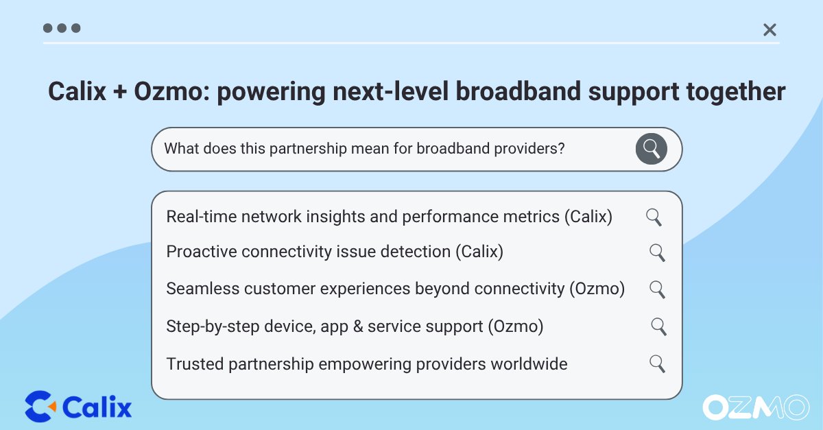 🤝 Better together.
Ozmo and Calix are teaming up to deliver next-level #broadband support — from real-time network insights to seamless device and app guidance.

#Partnership #BroadbandSupport #CustomerExperience #TechInnovation #Ozmo #Calix