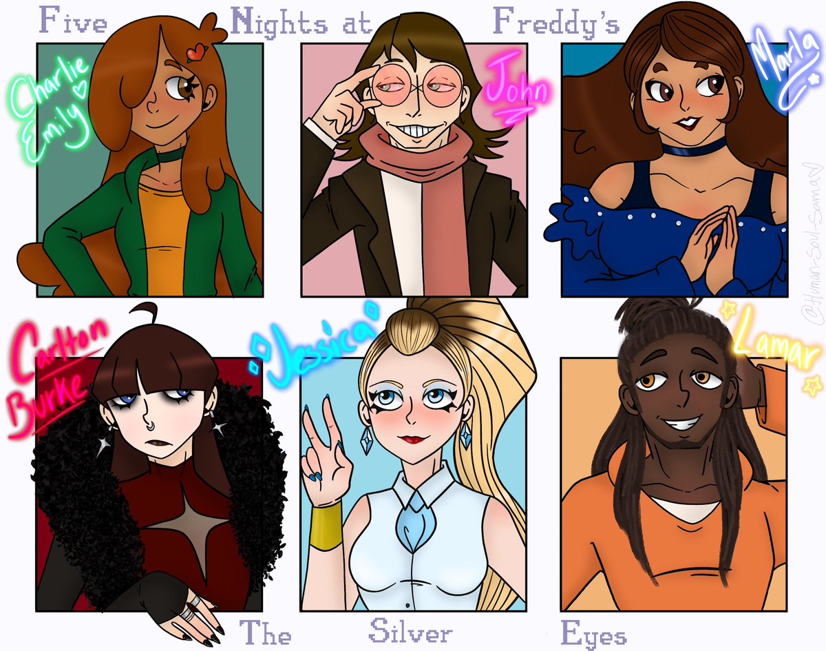 HumanSoulSama's tweet image. -FNAF: The Silver Eyes-
-Finally! I’ve been procrastinating on this for weeks but I finally managed to draw these goobs right here-
-I’m very happy with the results 😄 after a lot of constant sketching and re working on John, Marla, Jessica and Lamar-
#fnaf #fnafthesilvereyes