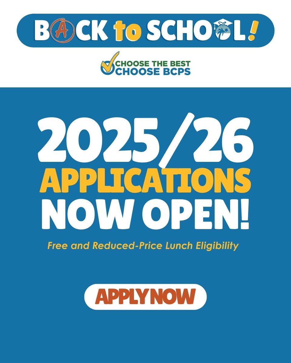 🍽️ BCPS families must apply for free and reduced-price lunch for the 2025/26 school year.
 ✅ Free breakfast continues for all students through the USDA program.
📝Apply before the school year begins at myschoolapps.com
