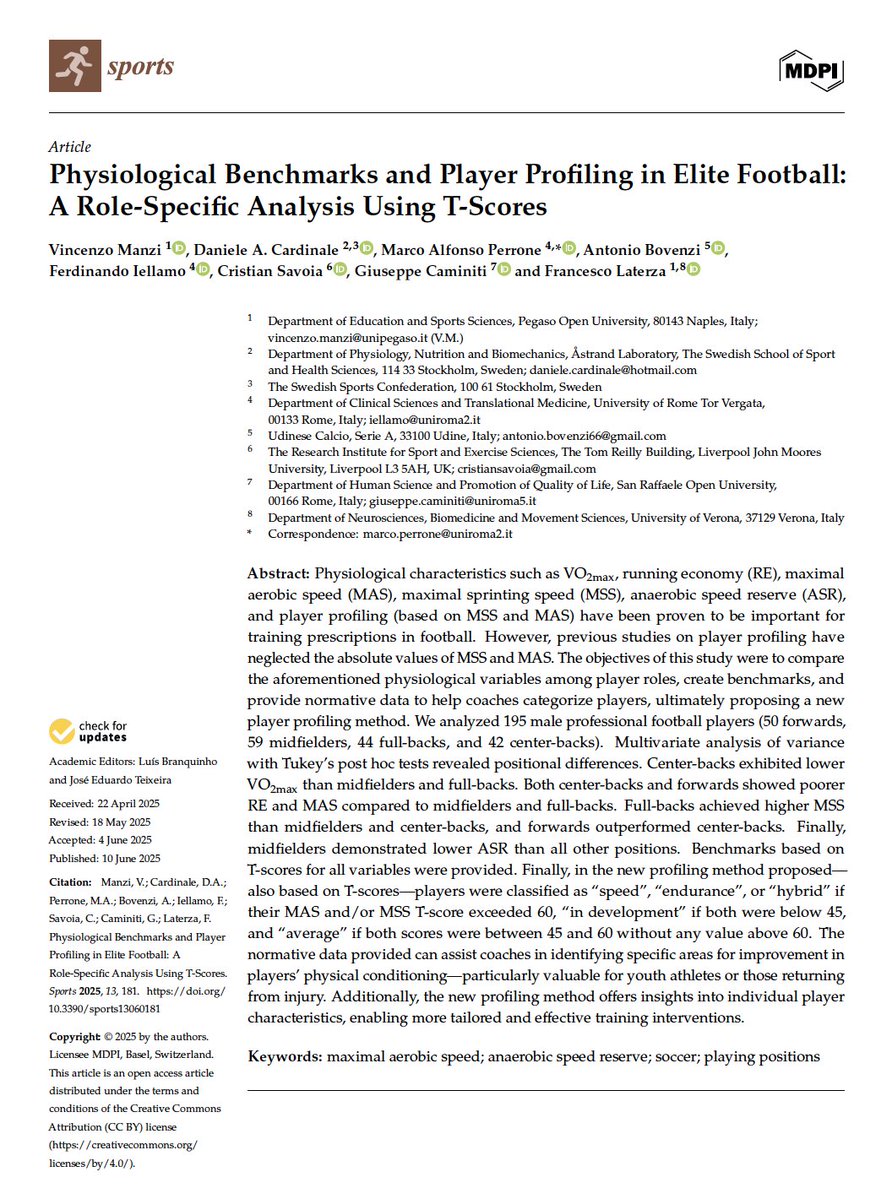 Tatopek1's tweet image. 🆕"This study provides valuable insights into the physiological characteristics of professional ⚽️ players across different playing positions in 🇮🇹 Serie A"
➡️VO2, La & RE to determine MAS vs MSS (players' profile)
👉V. Manzi et al, 2025 🇮🇹
📂Open Access: mdpi.com/2075-4663/13/6…