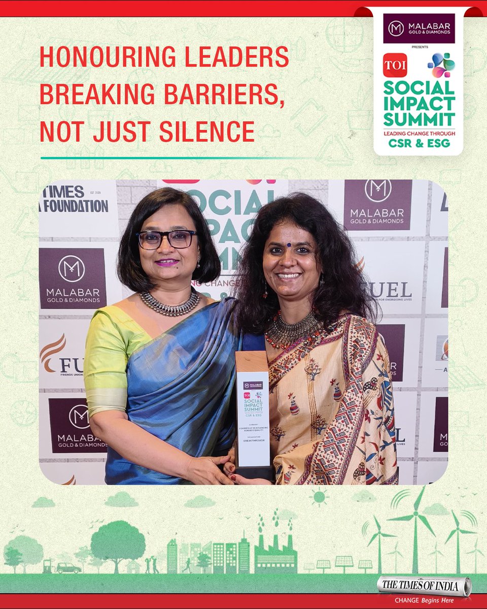 At The Malabar Gold &amp; Diamonds presents The Times of India Social Impact Summit 2025, Breakthrough was honoured for ‘Leadership in Advancing Gender Equality’. ✊🏽💜

With pathbreaking initiatives like Bell Bajao! and school, community programs that train adolescents as equality