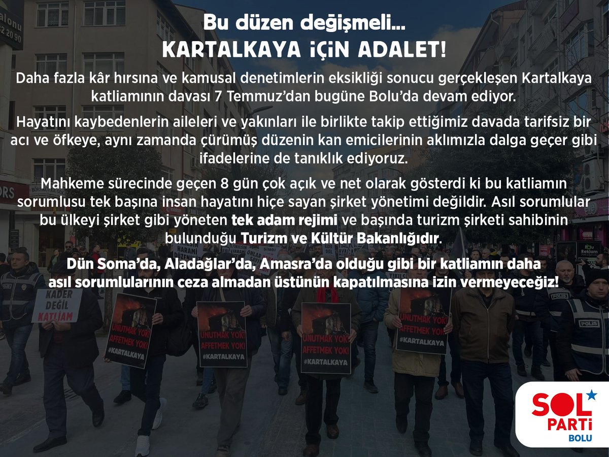BoluSolParti's tweet photo. Bu düzen değişmeli...
KARTALKAYA İÇİN ADALET! 

Asıl sorumlular bu ülkeyi şirket gibi yöneten tek adam rejimi ve başında turizm şirket sahibinin bulunduğu Turizm ve Kültür Bakanlığıdır. 

Bir katliamın daha asıl sorumlularının ceza almadan üstünün kapatılmasına izin vermeyeceğiz! https://t.co/AfiS7H0wmm