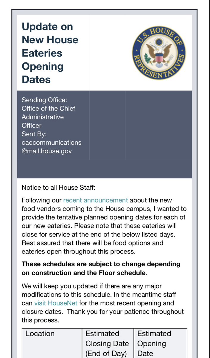victoriaregisk's tweet image. Some House side eateries, including Rayburn and Dunkin, will start closing next week (July 24) for renovations for the new food options to start, per email forwarded to me from a House staffer.
Others will close on August 8 during recess, like Longworth and Common Grounds.