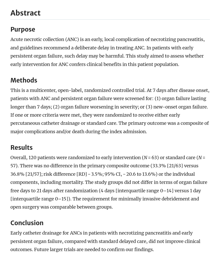 Early versus delayed catheter drainage for patients with necrotizing pancreatitis and early persistent organ failure (TIMING): a multicenter randomized controlled trial

CCR Journal Watch - tracking the critical care literature daily
criticalcarereviews.com/latest-evidenc…