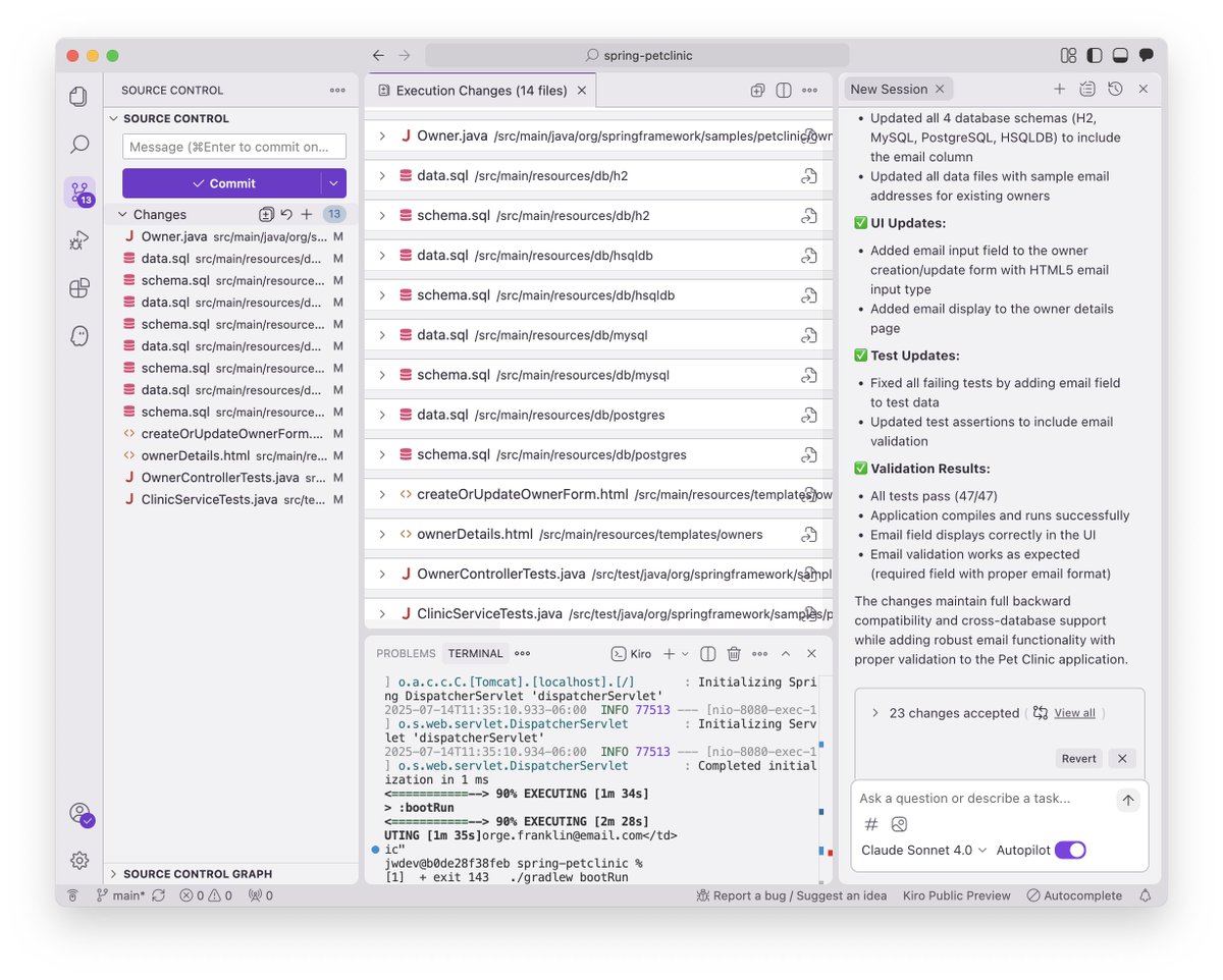 JamesWard's tweet image. My basic UAT for AI code assistants is to use the following prompt in the spring-petclinic project:
add an email field to the owner class. update the sql and UI. validate changes.
The new kiro.dev AI IDE passed!