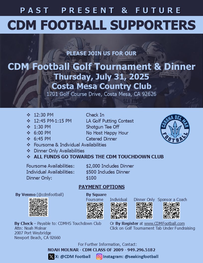 CDMFOOTBALL's tweet image. Come join lock down corner Bill Moore, class of 1976, in our CDM Golf Tournament on July 31s. Keep your head on a swivel around #32!