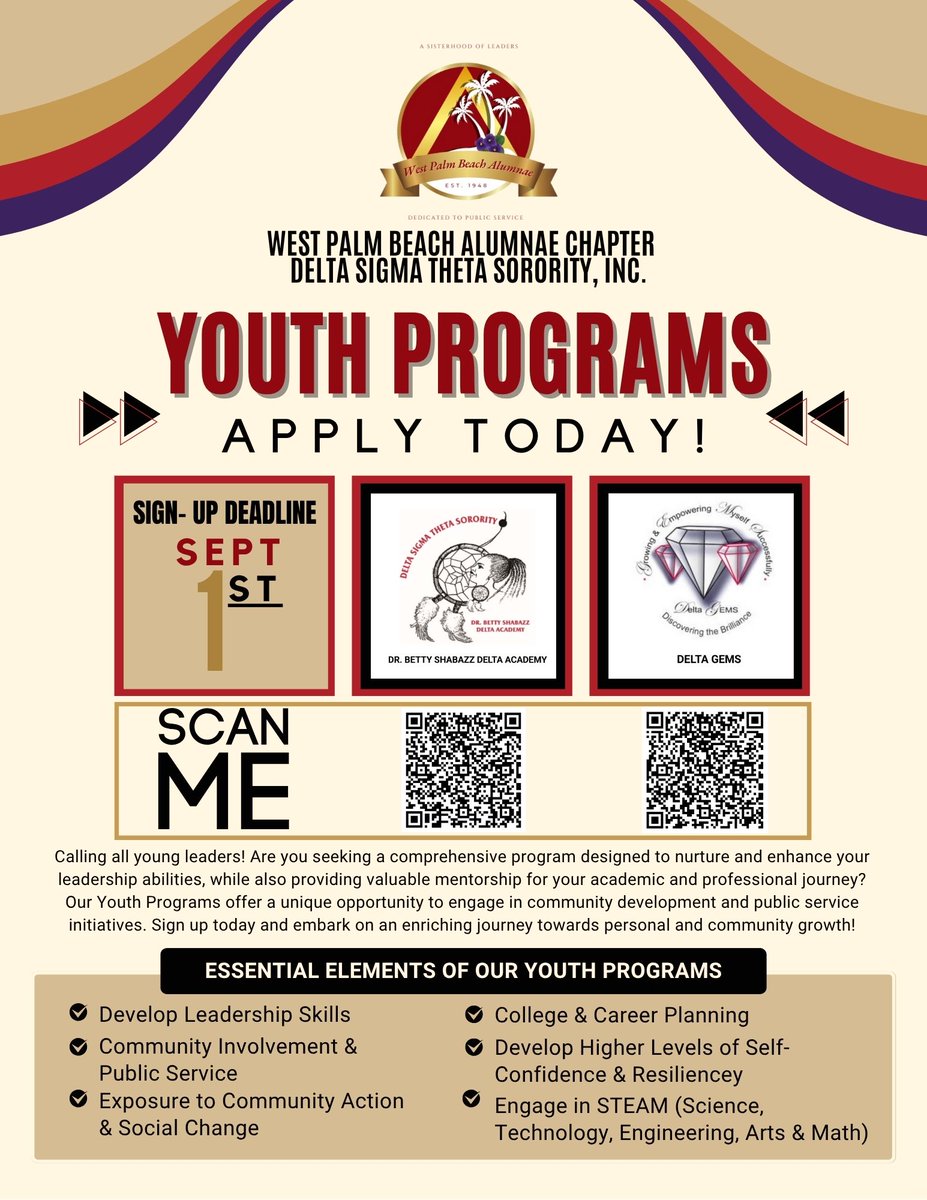 Is there a young lady in your life looking for a supportive community and exciting opportunities? We've got just the thing!  sign up today!  Delta Academy (6th - 8th Grade): forms.gle/HfTmGLwCdCRSo9… 
Delta G.E.M.S. (9th - 12th Grade): forms.gle/qk821Cjz6VhTqy…