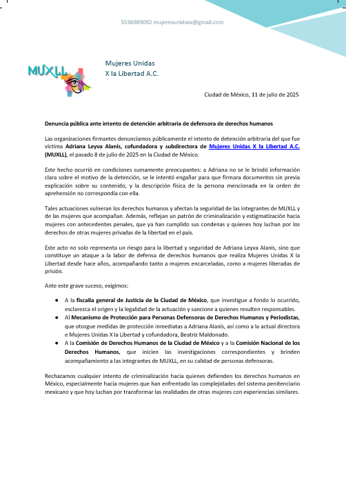 El pasado 8 de julio a nuestra subdirectora la quisieron detener policías de investigación de la fiscalía vulnerando sus derechos humanos. Organizaciones de la Sociedad Civil y personas, firmamos un comunicado donde exigimos a las autoridades se hagan responsables de lo sucedido.
