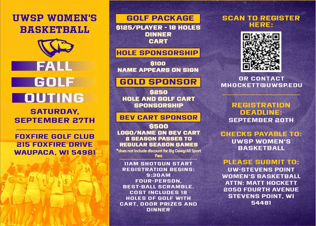 UWSPWBB's tweet image. ⛳️🏌️‍♀️ 2025 FALL GOLF OUTING 🏌️‍♀️⛳️

Registration 📝 is now OPEN &amp;amp; LIVE‼️
athletics.uwsp.edu/sports/2025/6/…

Only thing left to do is find a 4️⃣some &amp;amp; make plans to join us in September 🗓️ 

Questions❓’s: Contact @CoachHockett 
Email: mhockett@uwsp.edu

💜 #Pointers 💛 #JUICE 🧃