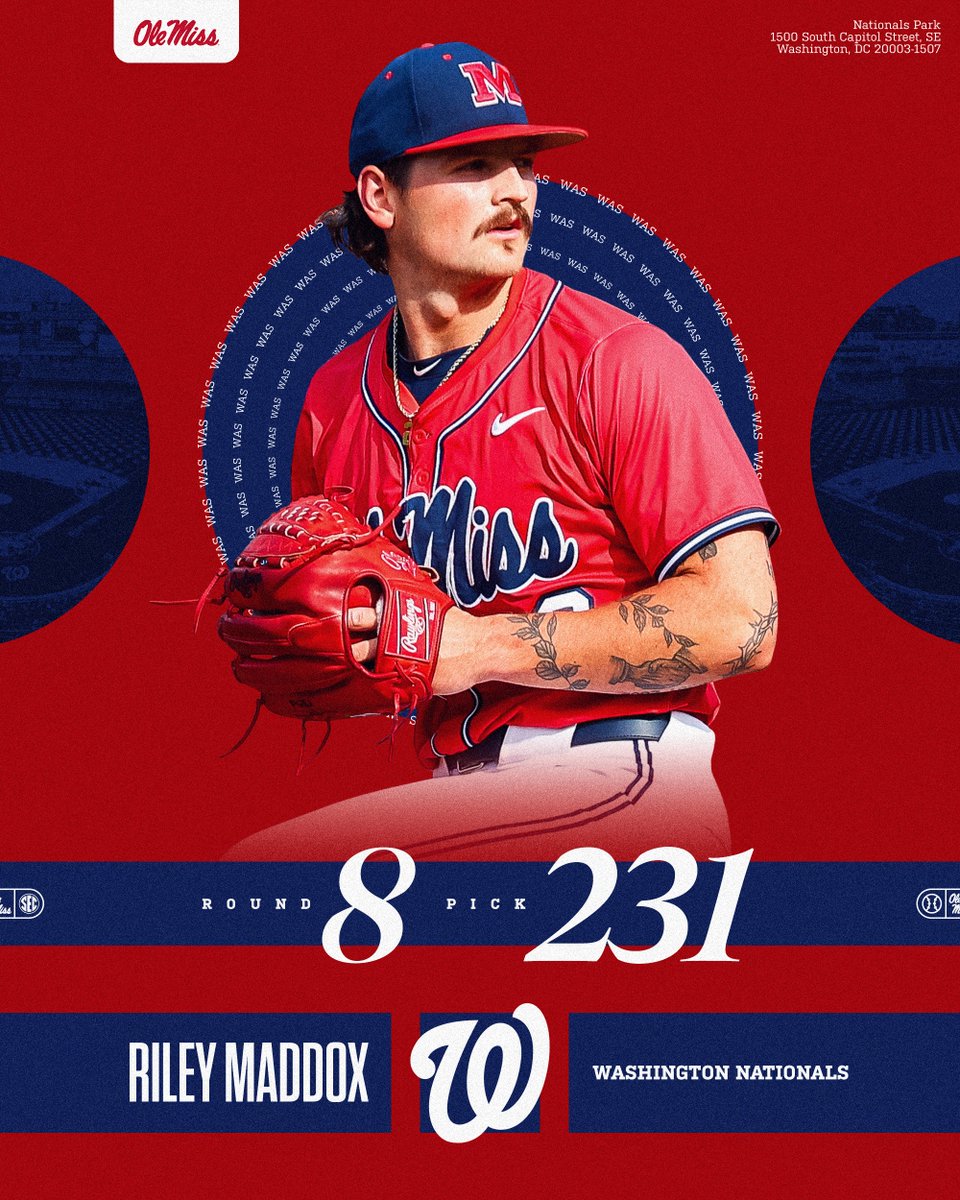 OleMissBSB's tweet image. Congrats to @riley_maddox1 on being drafted by the @Nationals in the 8th Round of the 2025 MLB Draft!