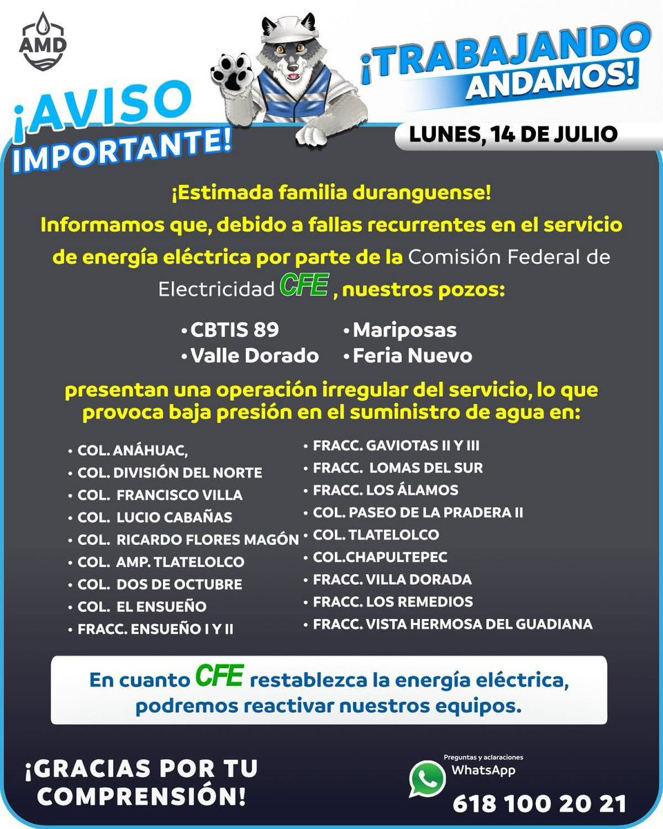 🚱 ATENCIÓN, DURANGO ⚠️
Fallas en el suministro eléctrico están afectando varios pozos de agua en la ciudad, lo que provoca baja presión o falta de agua en diversas colonias.

💡 El servicio se normalizará en cuanto se restablezca la energía.

#SinAgua #Durango #AvisoImportante