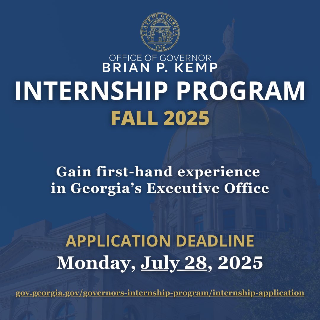 GovKemp's tweet image. Our office is seeking college juniors, seniors, graduate students, and law students for the Governor’s Internship Program this fall. The deadline is Monday, July 28, 2025, and all those interested in an engaging, fast-paced experience are encouraged to apply today!
For more…