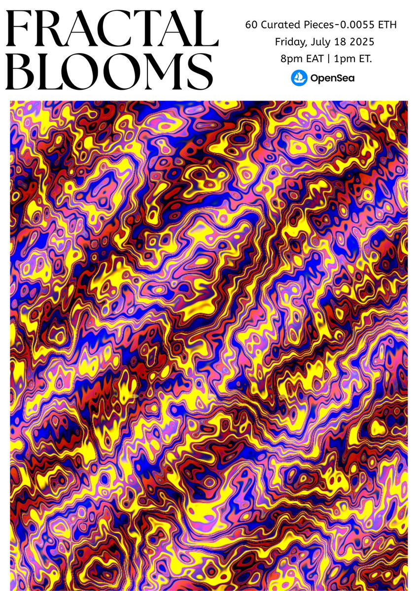 SannyMuthoni's tweet image. Introducing FRACTAL BLOOMS 🌸
my latest generative art collection where code mimics the motion of fabric.
60 curated pieces. Live Friday, July 18th on @opensea
0.0055 ETH each (on Base)
How code becomes art 👇🏽