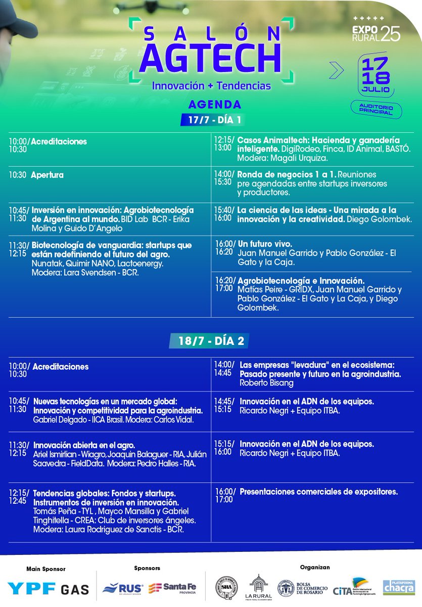 Este miércoles 17/7, Matías Peire se suma al panel “Agrobiotecnología e innovación” en el Salón Agtech de la Expo Rural, junto a El Gato y la Caja y Diego Golombek. Ciencia, innovación y futuro productivo.
Más info 👉 exposicionrural.com.ar/salon-agtech/