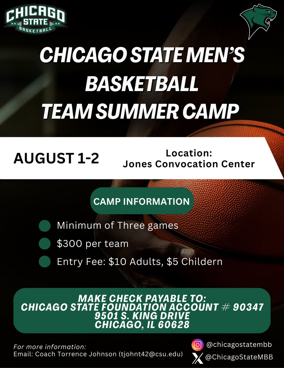 ChiStateCougars's tweet image. The Chicago State Men's Basketball Team camp is quickly approaching. Register today!
Details 🗓️: August 1-2, 2025
🏟️: Jones Convocation Center
Each team set to play a minimum of three (3) games.
For more information email Coach Torrence Johnson at tjohnt42@csu.edu