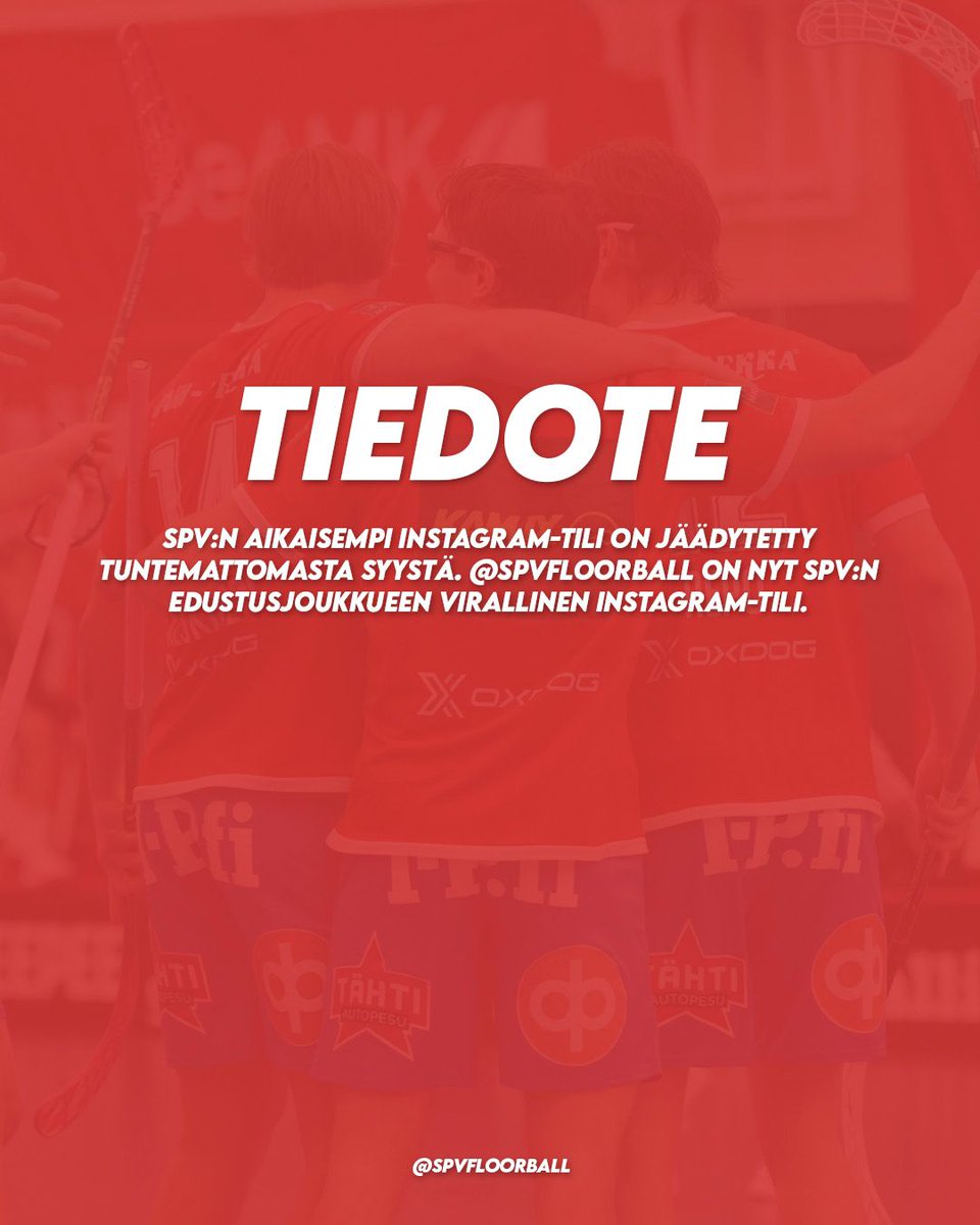 Miesten edustusjoukkueen uusi Instagram-tili löytyy nimellä spvfloorball. Aikaisempi tili on jäädytetty tuntemattomasta syystä.

#peliveljet #seinäjoki #salibandy #fliiga #oxdog #puma #näepunaista #tilaaliikkua #floorball #innebandy