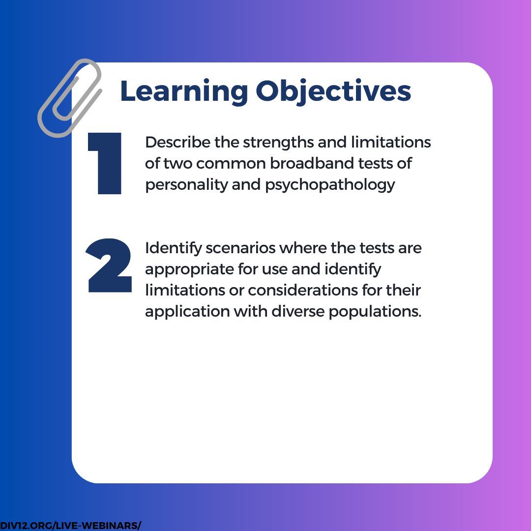 SCPdiv12's tweet image. TOMORROW 🔍 We're taking a deep dive into 2 tests in personality & psychopathology.
✅ Strengths & limitations
✅ When to use
✅ Key considerations for diverse populations
7/15 @ 3pm EST. More info: personality.org/events/culture…