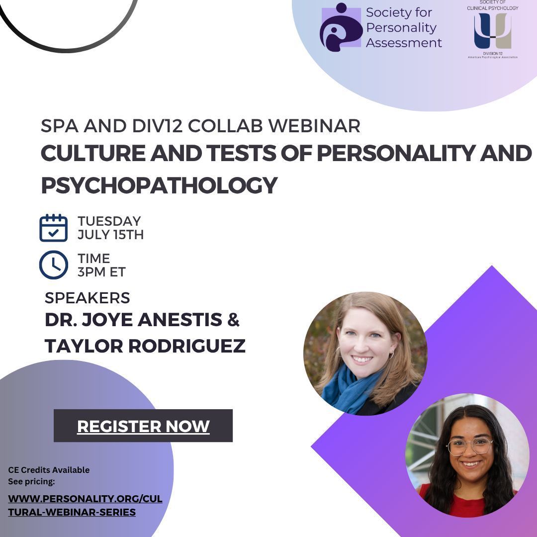 SCPdiv12's tweet image. TOMORROW 🔍 We're taking a deep dive into 2 tests in personality & psychopathology.
✅ Strengths & limitations
✅ When to use
✅ Key considerations for diverse populations
7/15 @ 3pm EST. More info: personality.org/events/culture…