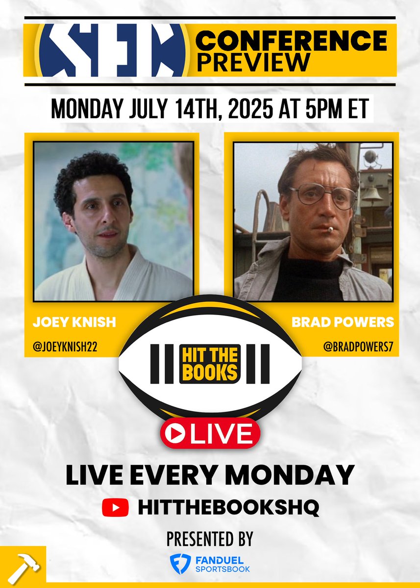 HitTheBooksHQ's tweet image. Conference previews are here again! This time it’s the @SEC 🏈
Tune in 5pm ET & listen to @JoeyKnish22 and @BradPowers7 break it down! 💥
Presented by: @FDSportsbook