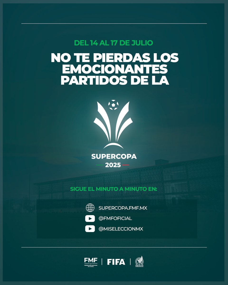 ¡Ya comenzó la #Supercopa2025! 😤🏆

Estos son los canales por los que podrás seguir segundo a segundo los partidos de los equipos varoniles Sub-13 y Sub-15 que competirán en el torneo.

#ProyectoSelecciones. 💚🤍❤️