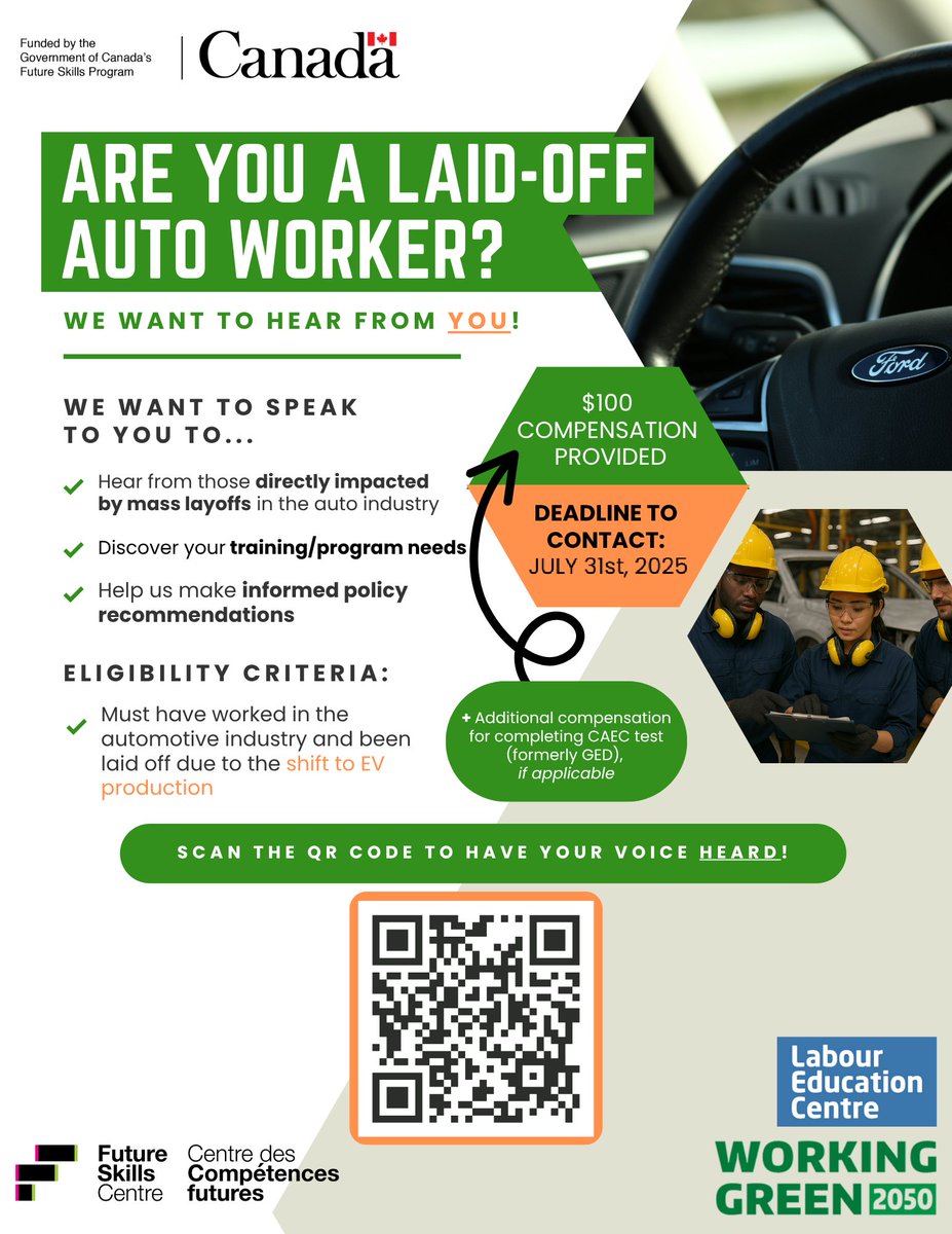 🚗Were You Laid Off from the Auto Industry?

LEC is conducting a research study to better understand the experiences of people who were laid off from auto sector jobs. We want to hear directly from you.

✅$100 compensation
📩 Learn More: forms.gle/RAZWGxztW55uK9…