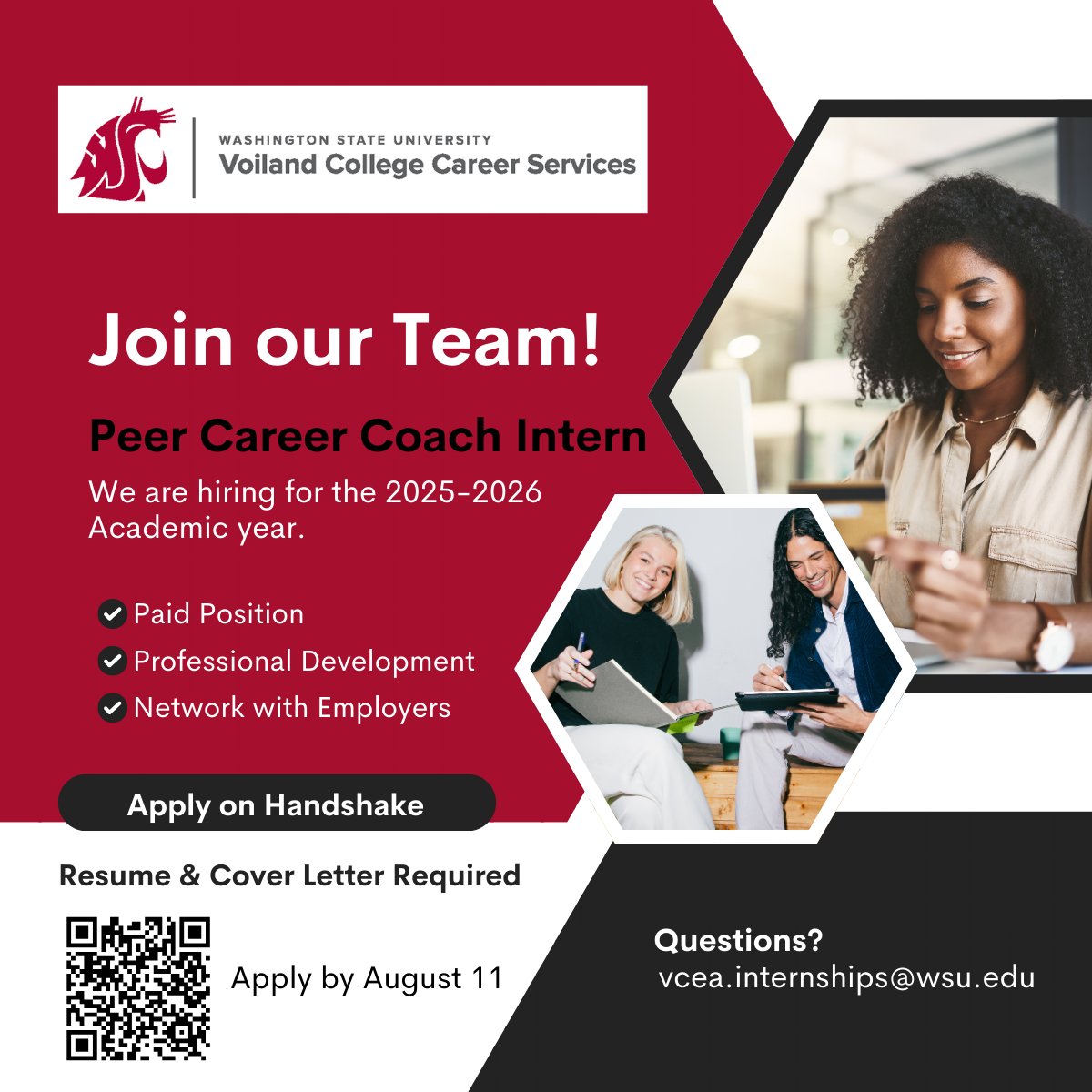 VCEACareers's tweet photo. ⭐️Looking for a fun, on-campus job that actually helps your career?
⭐️We’re hiring Peer Career Mentors in the Voiland College Internships &amp; Career Services office for 2025–2026! 🎉

Apply on Handshake: https://t.co/G2HBvkT8Ra 
#WSUVoiland #WSUJobs #VoilandCollege #CareerReady https://t.co/RlMV5Hlbv8