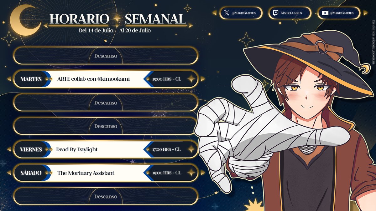 magicgladius's tweet image. ☪️Horario Semanal☪️
Empezamos el martes con un collab de arte con @/kimookami y un fin de semana de terror? 😱😱 (dbd cuenta como terror lo juro)
#vtuber #streamschedule #VTuberUprising #horariovtuber