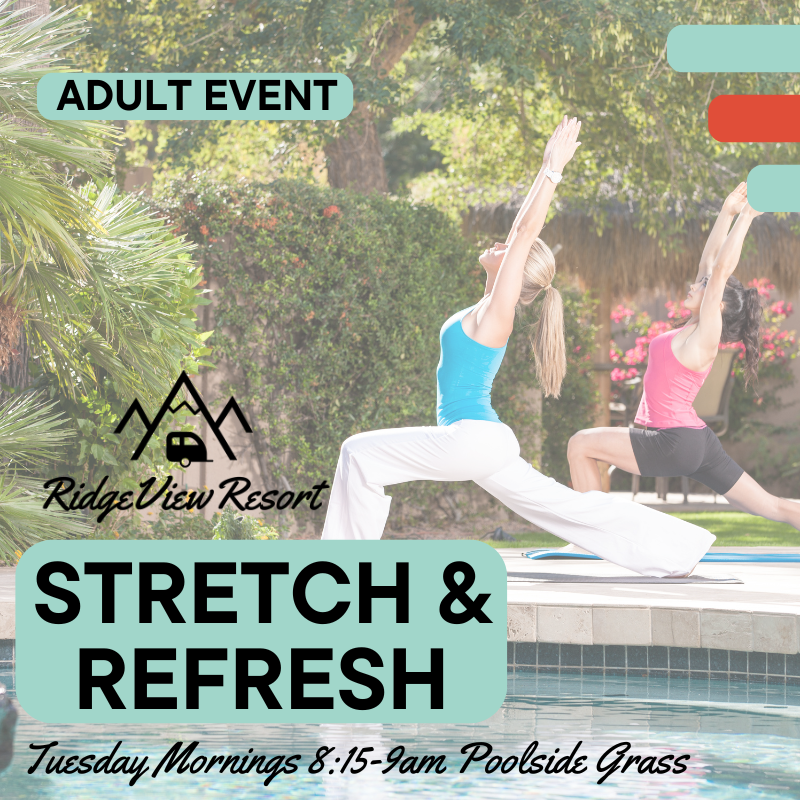 RidgeViewResort's tweet image. 🧘‍♀️ Stretch &amp;amp; Refresh-Tuesday Morning - 8:15-9:00
📍 Pool Deck (weather permitting) – if it rains, we’ll move to the racquetball court. Yoga mats provided - just bring yourself and a smile #RidgeViewResort #StretchAndRefresh #RidgeViewWellness #MorningMovement #RelaxAndUnwind