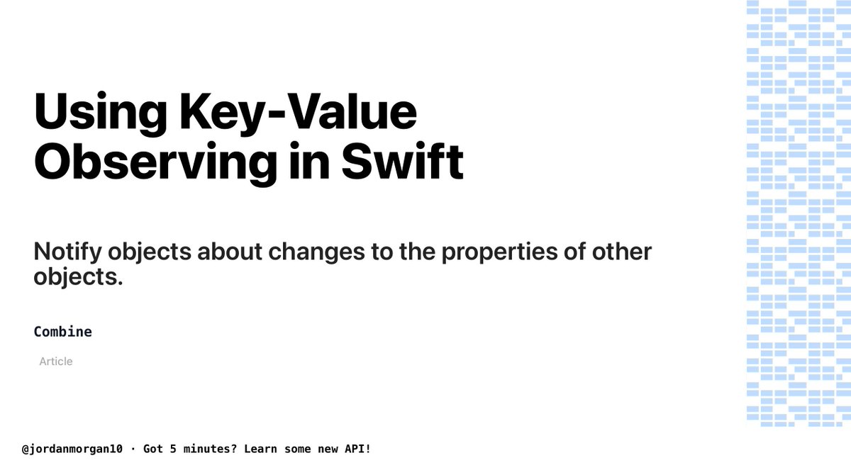 📝Today's technical article is from the Combine framework 📝

Using Key-Value Observing in Swift:
Notify objects about changes to the properties of other objects.

👉developer.apple.com/documentation/…